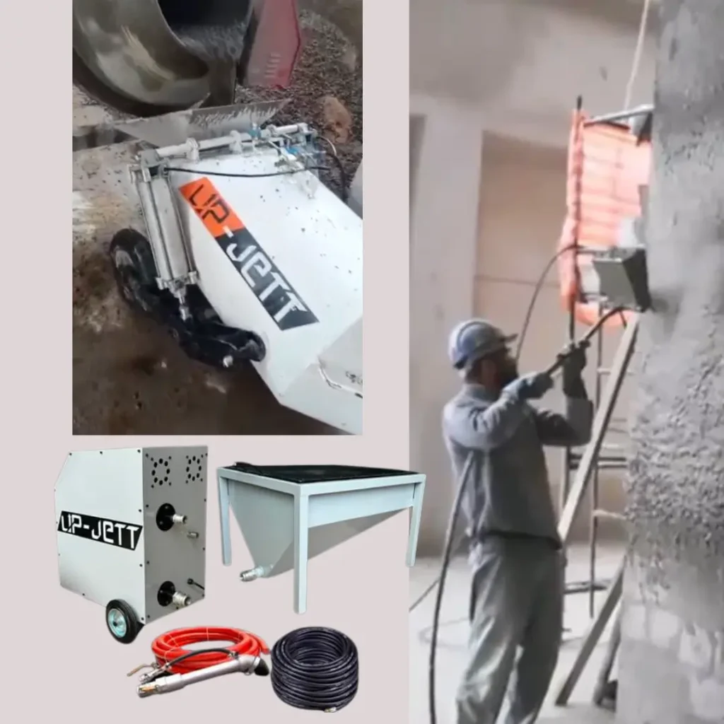 Aplicação de reboco mecanizado com projetora de argamassa em obra residencial, garantindo acabamento uniforme e rapidez