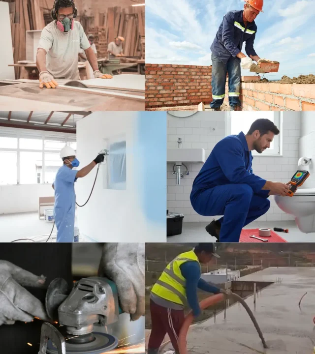 Painel de serviços da LR Construtora mostrando serralheria, alvenaria, pintura airless, caça vazamentos com scanner e concretagem automatizada de lajes.